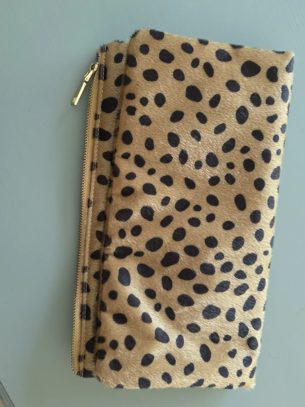 Leopard Print Zip Clutch in Tan and Black